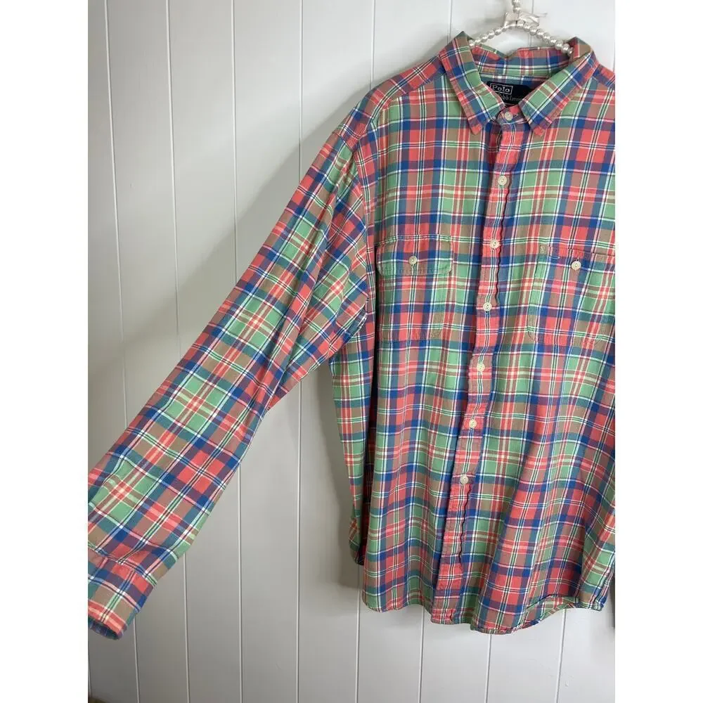 Polo Ralph Lauren Flannel‎ Men's XL Work Shirt Plaid 100% Cotton Button Up